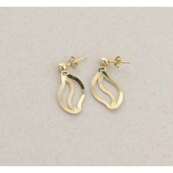14k Yellow Gold Wave Earrings Modernist Dangle Drop - Picture 6 of 7